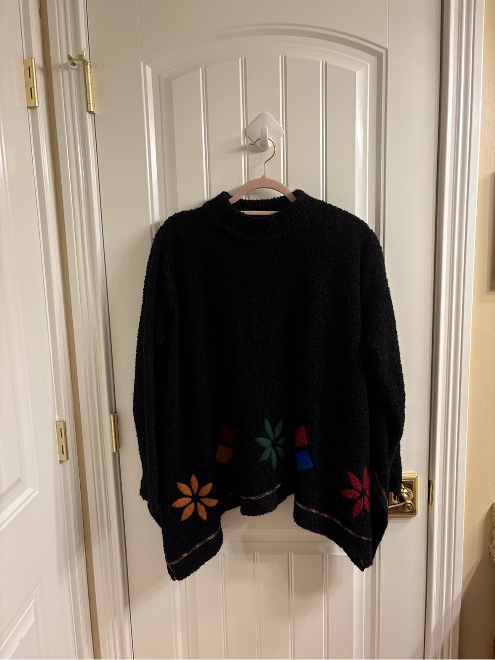 Boxy Black Asymmetrical Oversized Appliqué Textured Sweater S/M Soft Mock Neck